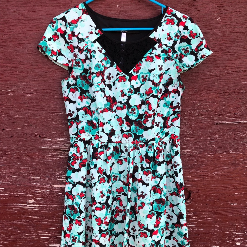 Floral blue dress with black lace